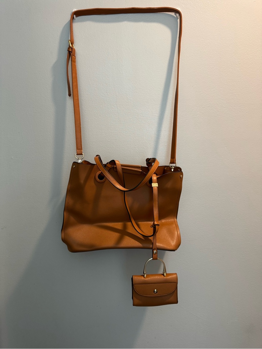 Women's Leather Crossbody Tote Shoulder bag Cognac Brown Pre-owned condition